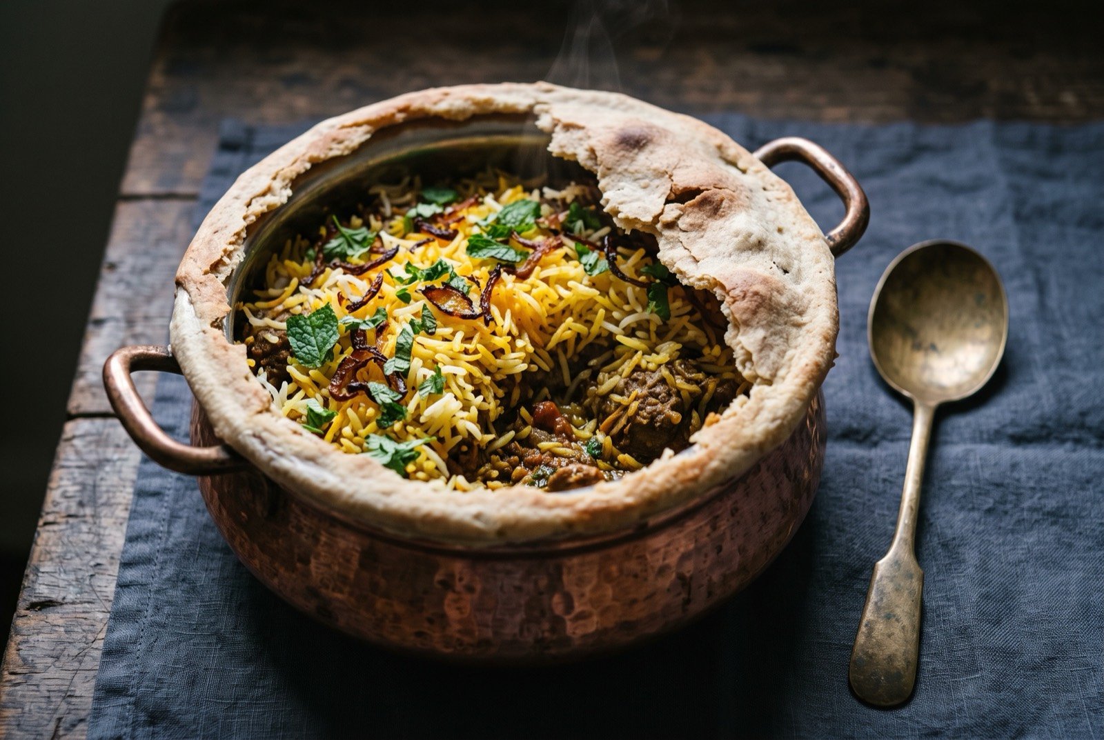 Hyderabadi kacchi dum biryani, raw marinated meat and rice sealed and finished together: a deep copper handi pot seen from above with its dough seal broken open at one edge, layers of golden saffron-streaked basmati rice visible on top of dark spiced mutton.