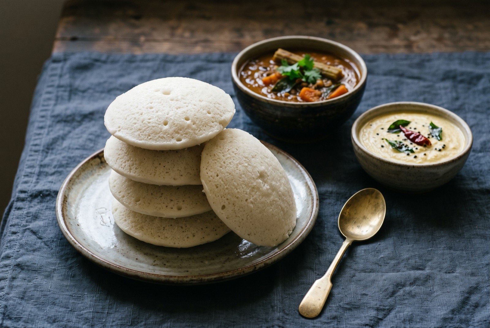 Idli, steamed fermented rice and lentil cakes: a stack of plain white, soft, slightly domed steamed rice cakes, their surface faintly pitted from the steaming plate, nothing else in the frame.
