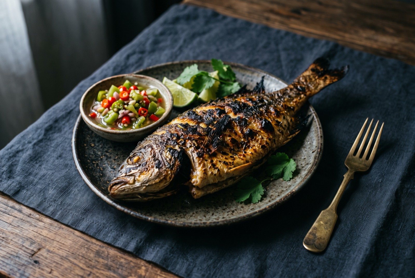 Ikan bakar colo-colo, a whole grilled fish served with a raw chilli, lime and tomato sambal: a whole grilled fish, its skin deeply charred and blistered, resting on a dark plate beside a small mound of glistening diced green tomato.