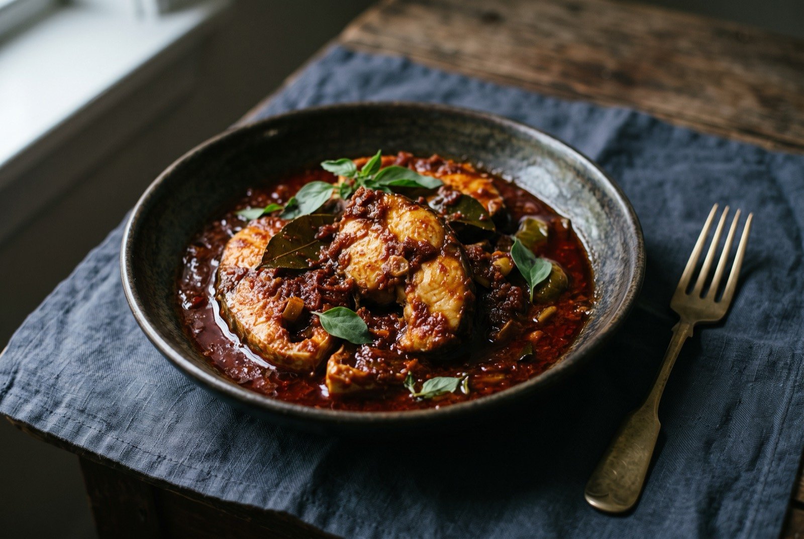 Ikan patin masak habang, red chilli catfish stew: thick steaks of pale catfish in a deep, dark brick-red chilli sauce glistening with oil, a few torn basil leaves scattered over the top.