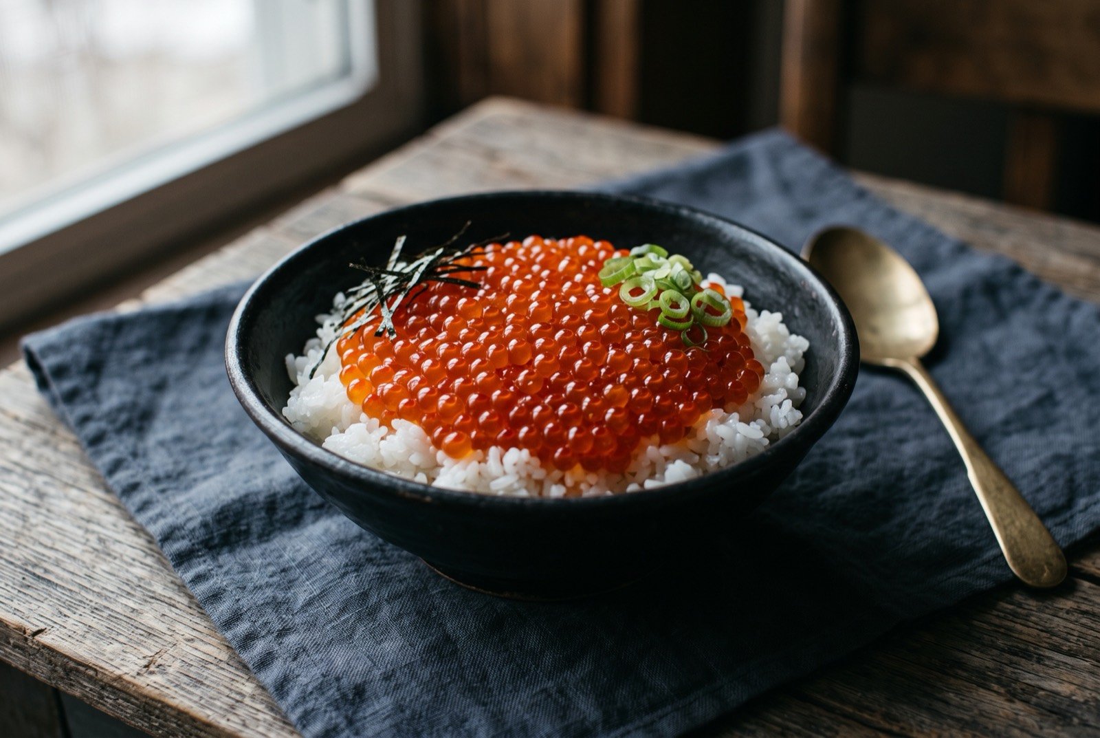 Ikura-don, Hokkaido's cured salmon roe rice bowl: a black ceramic bowl of glossy white short grain rice mounded with a thick, gleaming layer of deep orange salmon roe, each egg distinct and translucent.