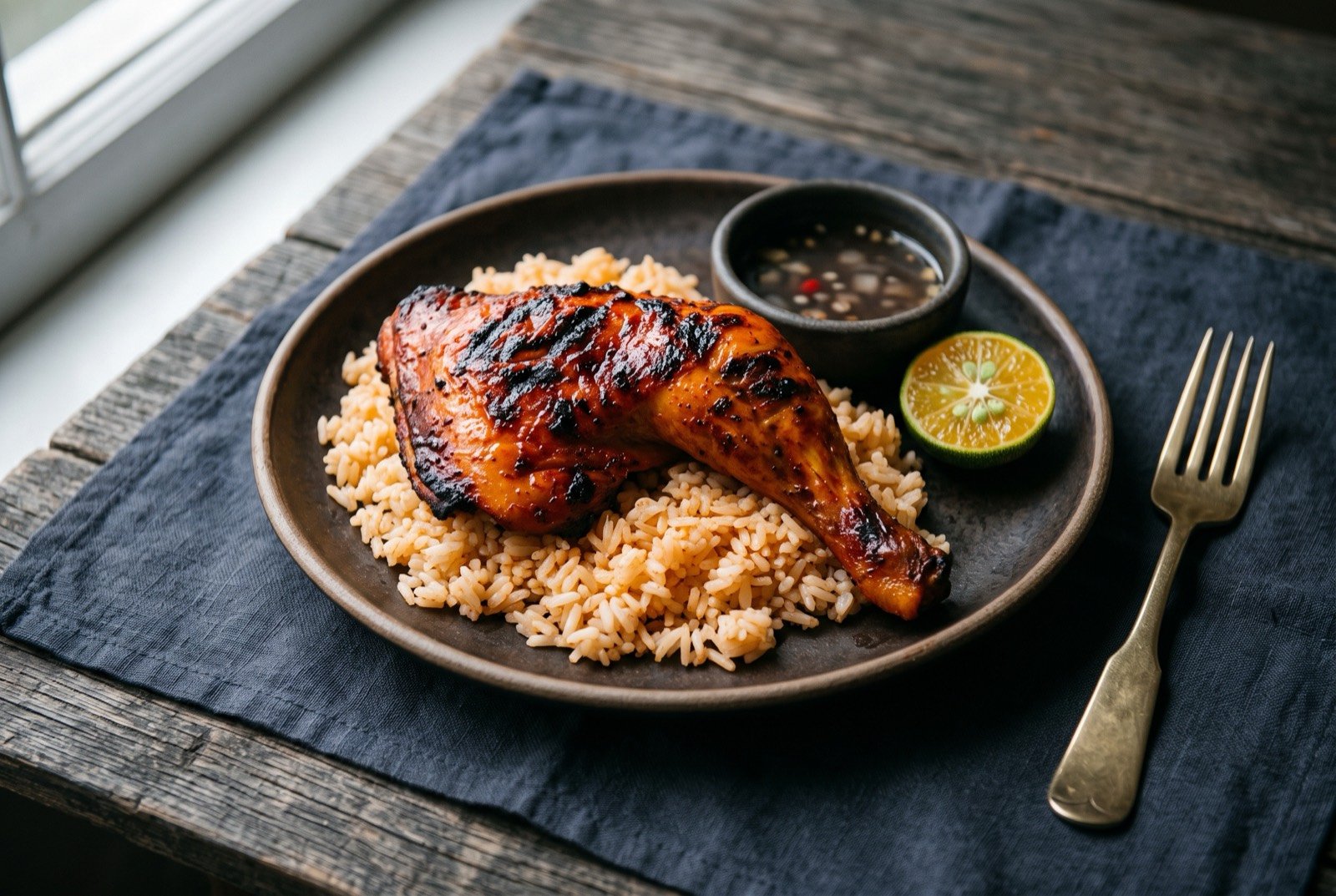 Chicken inasal, charcoal grilled chicken basted in annatto oil, marinated in coconut vinegar and lemongrass: a charcoal grilled chicken leg and thigh with a deep orange red lacquered skin and light charring at the edges, resting on a bed of pale orange annatto rice.