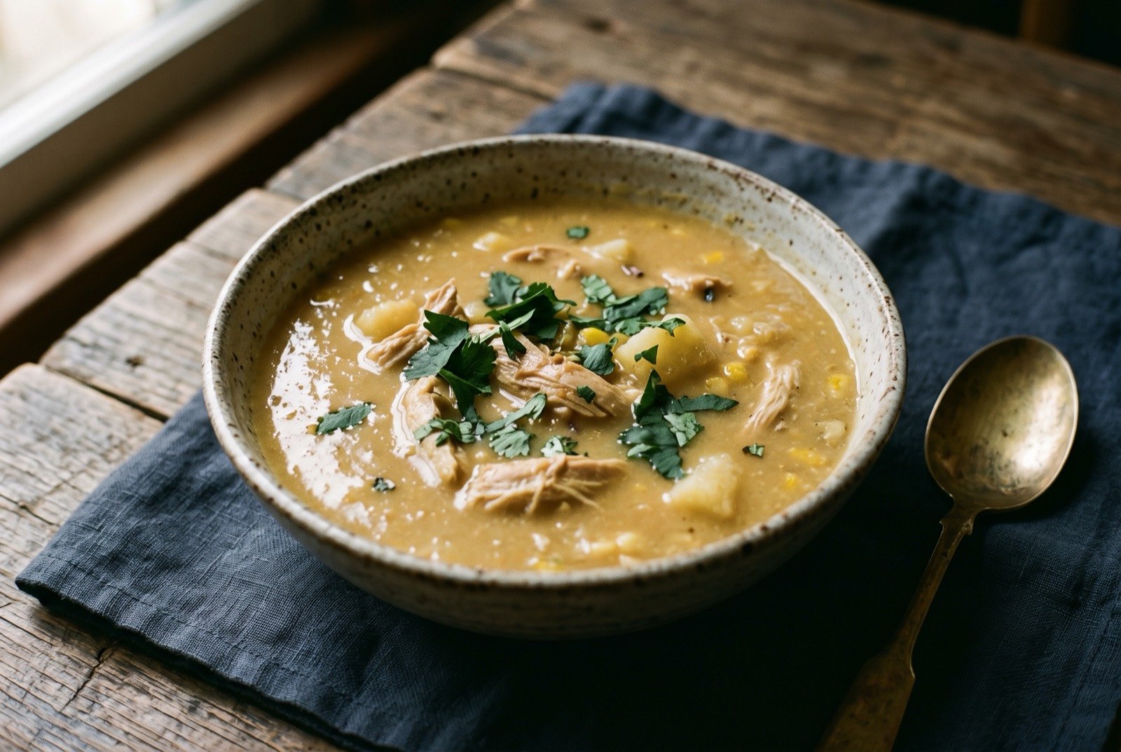 Inchicapi, peanut and chicken soup: a deep bowl of thick pale golden-brown soup, small pieces of yuca and shredded chicken breaking the surface, a scattering of dark green sachaculantro leaf resting on top.
