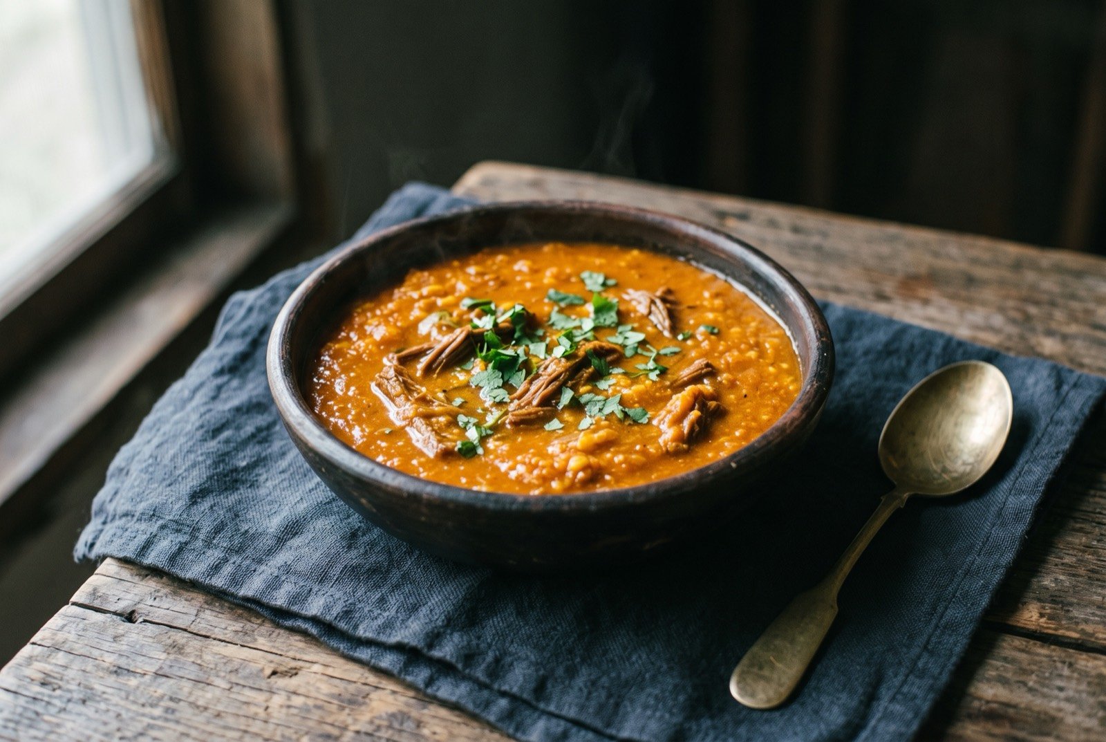 Indio viejo, a masa thickened shredded beef and maize stew coloured with achiote: a deep terracotta orange stew in a dark clay bowl, thick and slightly matte in texture from the maize masa binding it, shreds of beef visible throughout.