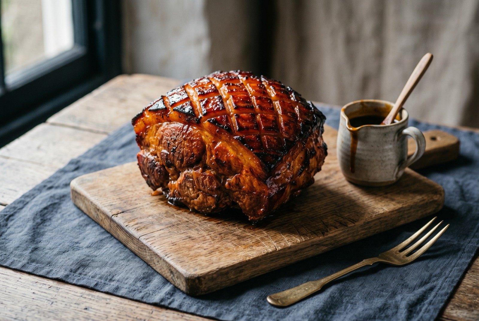 Irn Bru-glazed gammon: a whole gammon joint on a wooden board, its fat scored in a deep diamond pattern and burnished to a dark sticky orange-brown glaze.