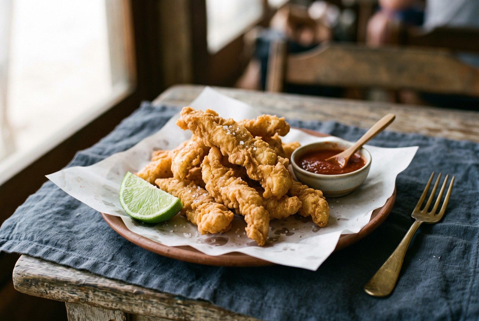 Isca de peixe, beach kiosk fried fish strips: a loose pile of golden brown battered fish strips with a craggy fried surface, stacked on a white paper-lined plate, a wedge of lime and a small dish of red hot sauce beside it.