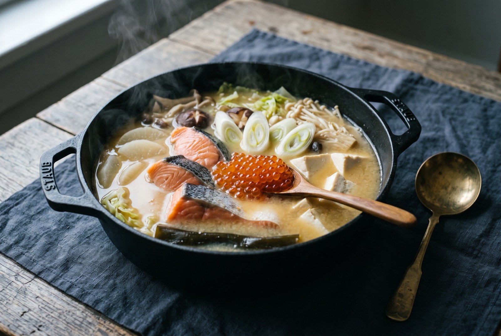Ishikari nabe, Hokkaido's salmon and miso hot pot: a wide black cast iron pot filled with pale golden miso broth, large chunks of salmon and a spoonful of bright orange ikura visible near the surface.
