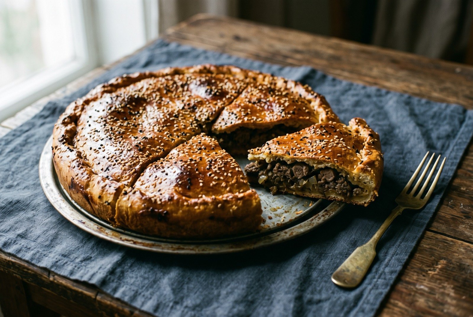 Ishlekli, buried meat pie: a large round, deeply golden baked pie with a glossy, sesame studded crust, cut into wedges, one wedge tipped onto its side to reveal the dark.