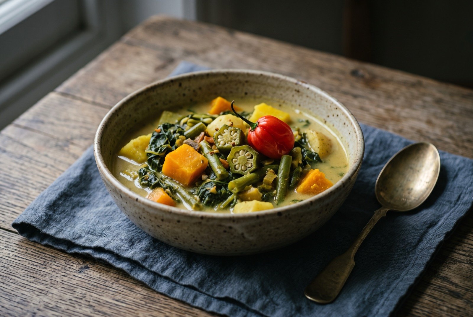 Ital stew, Rastafari vegetable stew without salt: a rustic bowl of thick vegetable stew in a pale turmeric yellow coconut broth, chunks of orange pumpkin, dark green callaloo leaf.