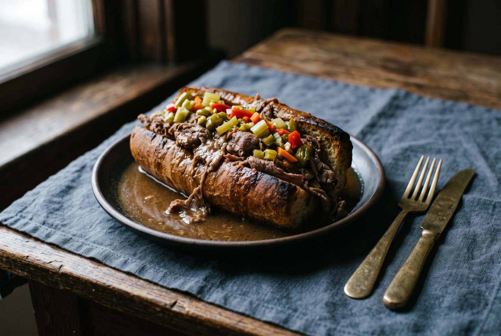 Italian beef sandwich: a long Italian bread roll darkened and soaked through with rich brown gravy, thin shaved beef spilling from the split top.