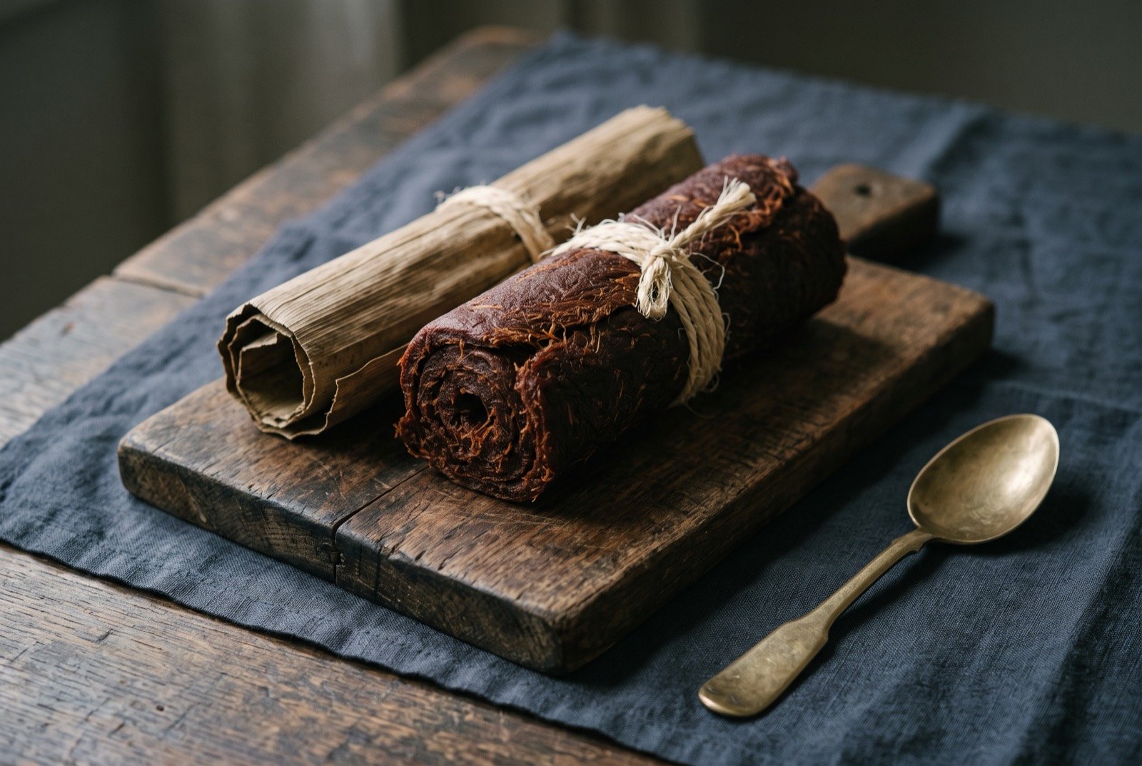 Jāānkun, the Marshall Islands' dried pandanus paste: a tightly rolled section of dark reddish brown dried pandanus paste, tied with pale coconut fibre cordage, resting beside its own wrapping of dried pandanus leaf on a dark wooden board.