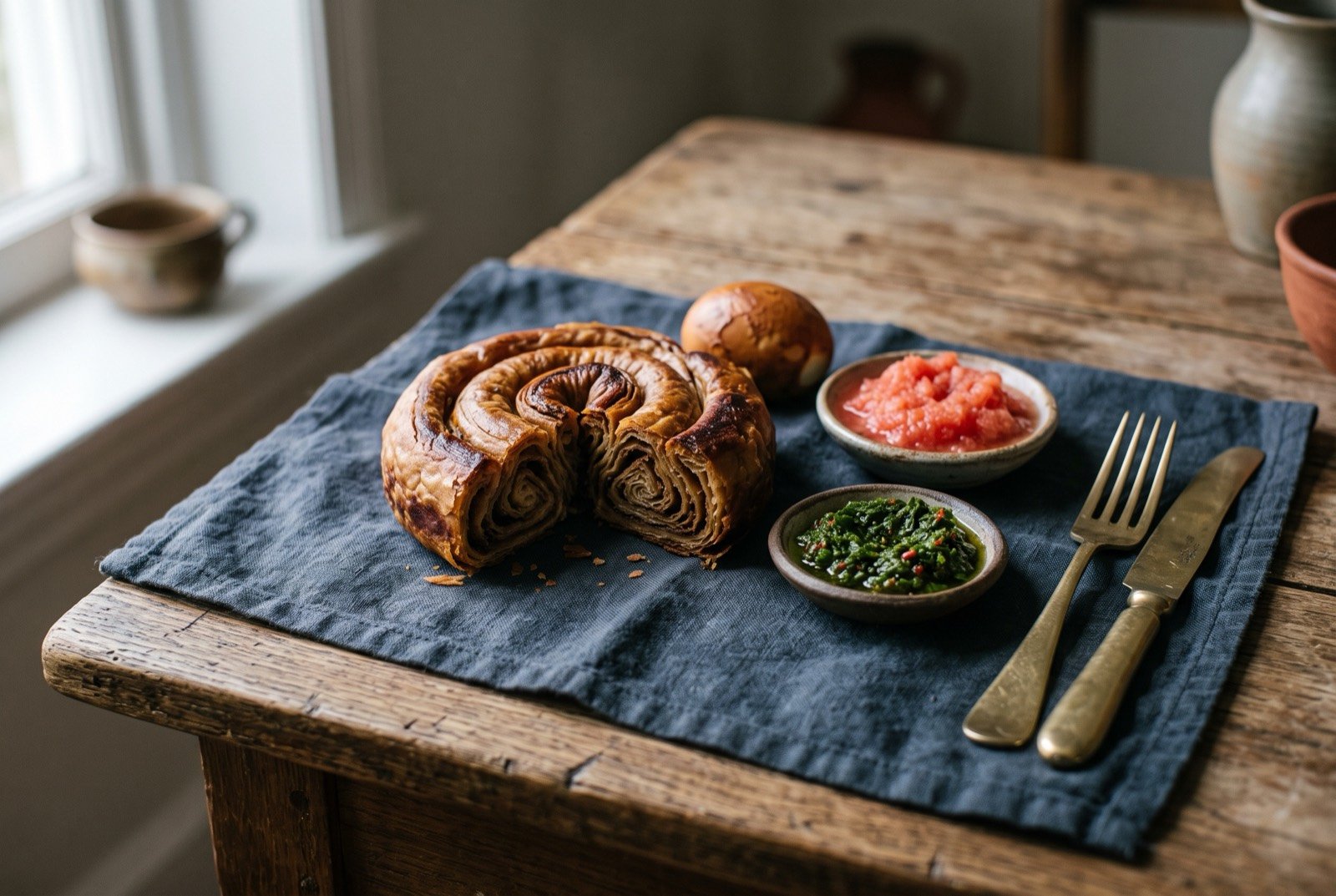 Jachnun, Israel's overnight-baked Yemenite pastry roll, eaten Shabbat morning: a coiled, deep brown jachnun roll cut through to show its tight spiral layers, a whole browned egg beside it, a small mound of grated fresh tomato and a spoon of dark green zhug alongside.