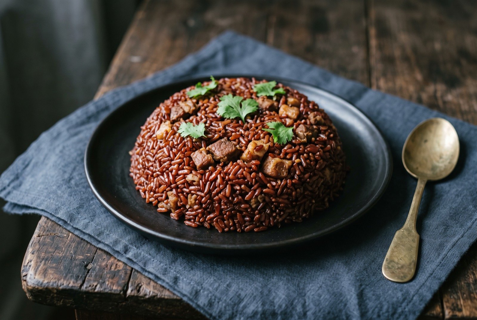 Jadoh, Khasi rice cooked in meat stock: a mound of reddish-brown rice, its grains stained deep rust from cooking in meat stock and blood, small visible pieces of meat scattered through it.