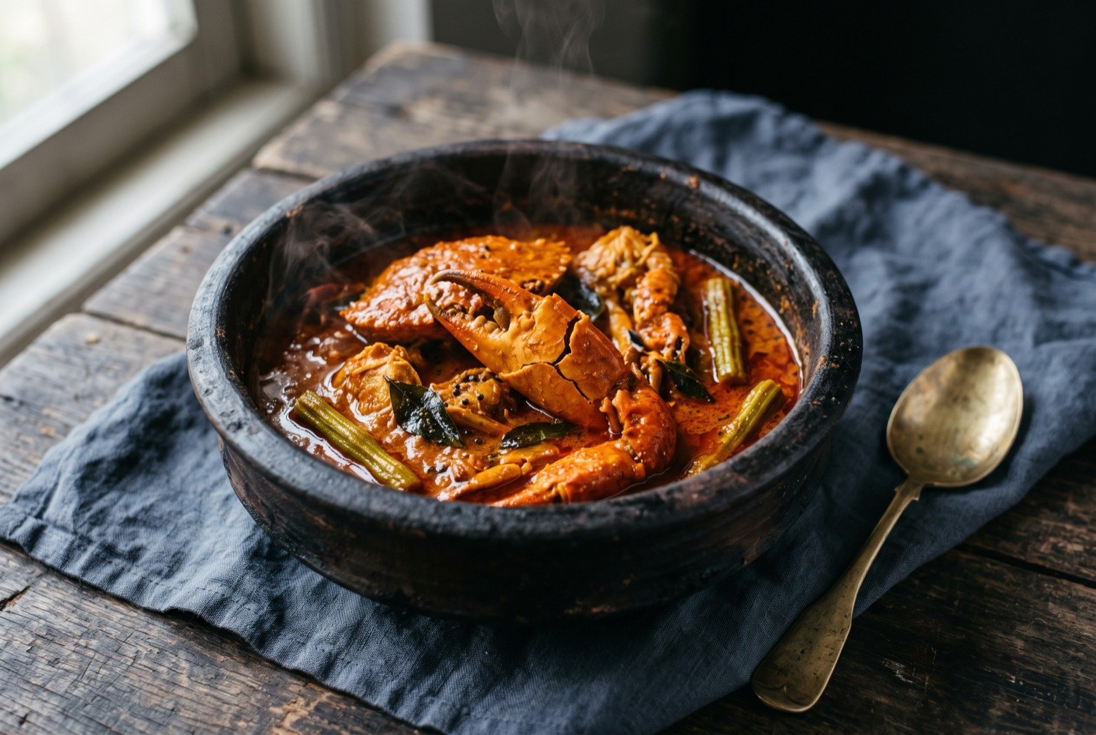 Jaffna crab curry, fiery orange-red, in its own clay pot: large cracked crab claws and shell pieces submerged in a thick, deep orange-red, glossy sauce inside a blackened clay pot.