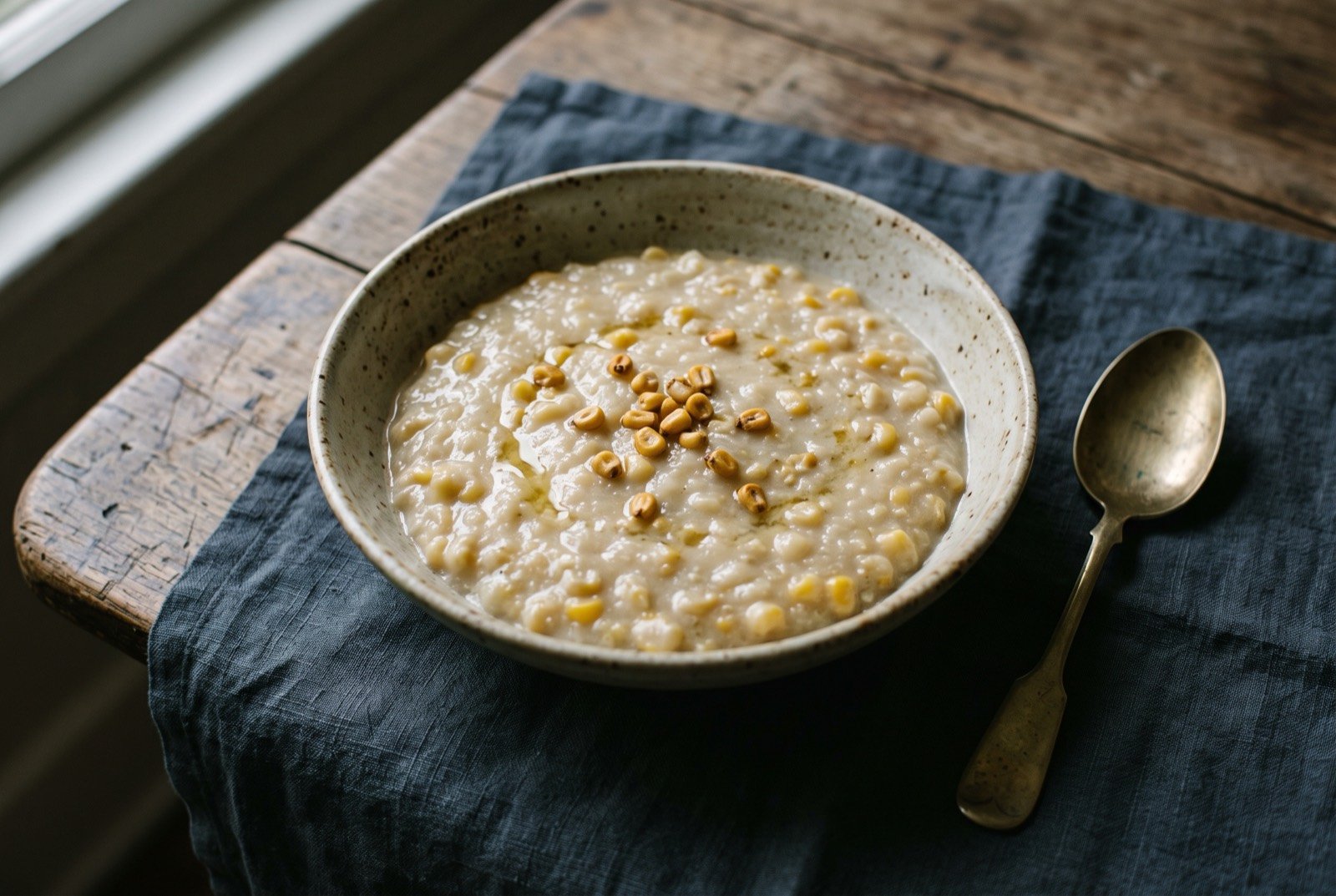 Jagung bose, West Timor's corn cooked slow in coconut milk to a creamy porridge: a shallow bowl of pale creamy corn porridge, individual softened kernels visible beneath its glossy surface, a few whole toasted corn kernels scattered on top.