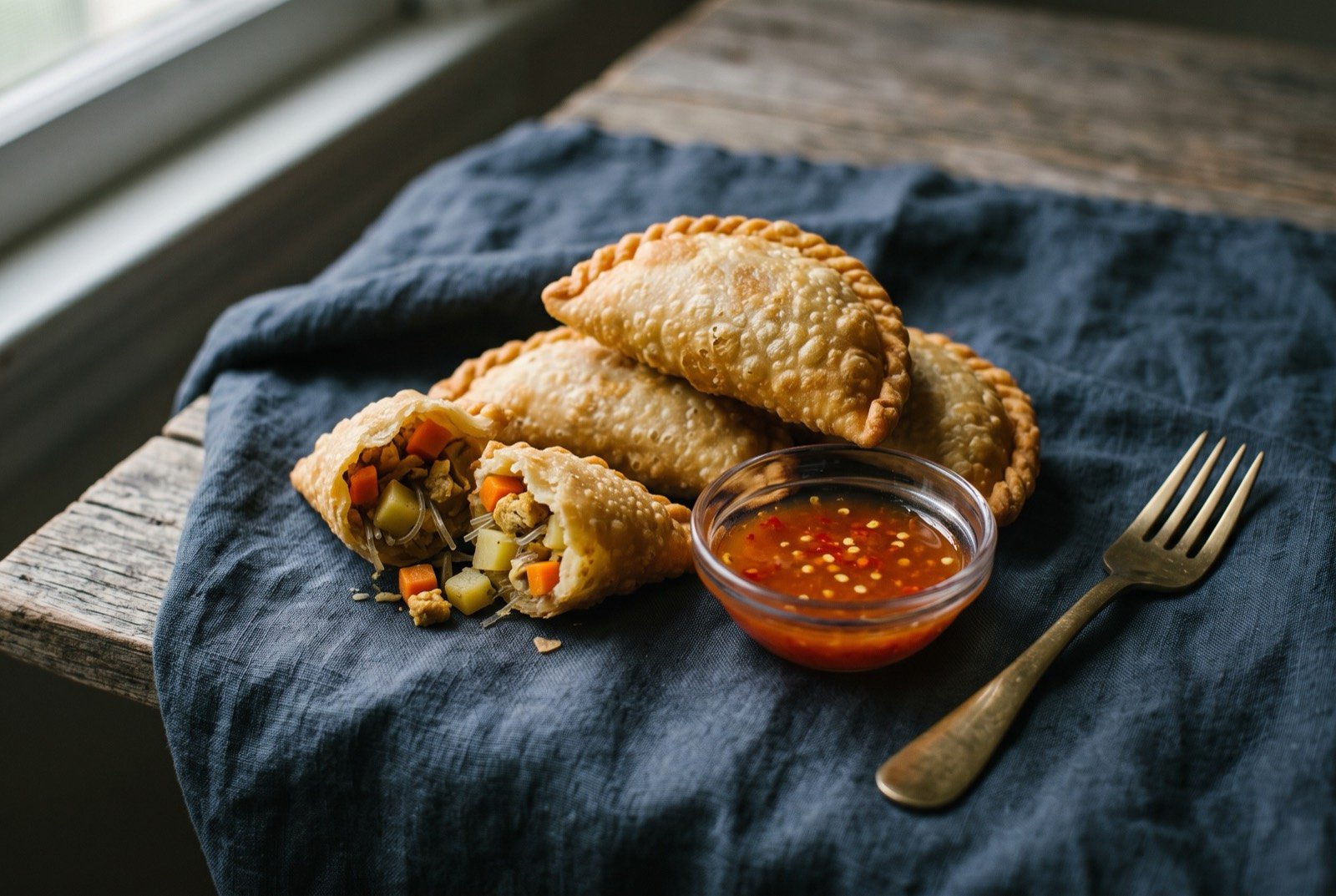 Jalangkote, thin-shelled fried pastry filled with vegetables and chicken, served with a liquid chilli vinegar sambal: a small pile of pale golden, crimped half moon pastries with a thin, blistered, crisp shell, one broken open to show a filling of diced carrot.