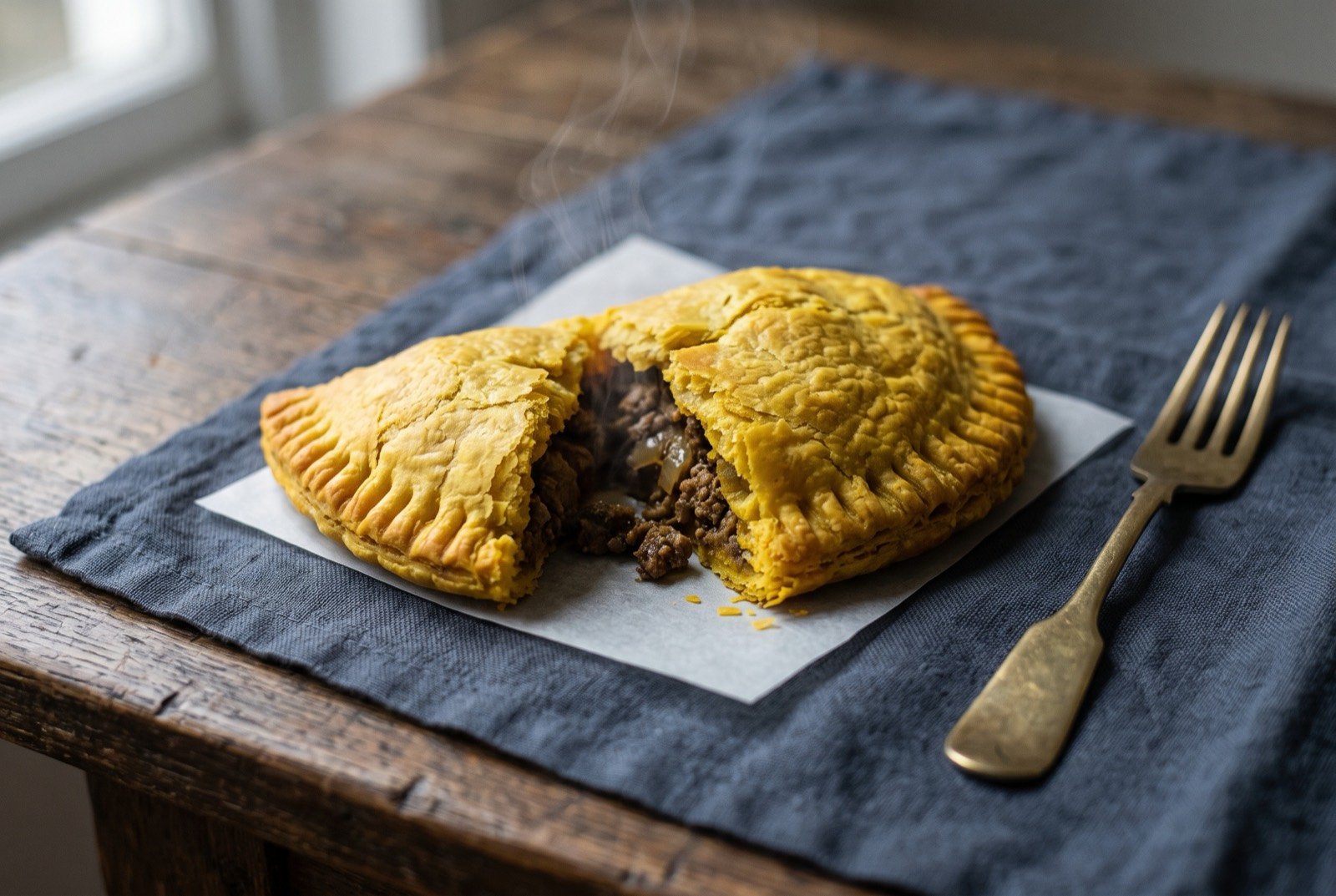 Jamaican beef patty, turmeric yellow flaky pastry filled with spiced beef: a single golden yellow, half moon shaped pastry with a deeply flaky, laminated crimped edge, split open on one side to reveal dark spiced minced beef filling inside.