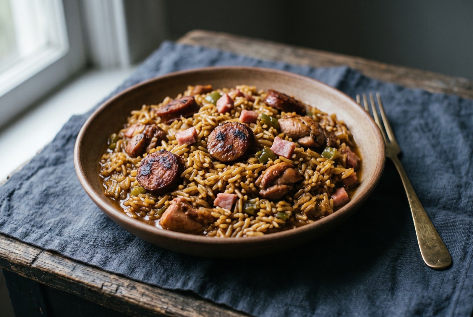 Jambalaya, Cajun brown style: a wide bowl of deep bronze brown rice, glossy with rendered fat, studded with dark rounds of andouille sausage and pale pink tasso ham.