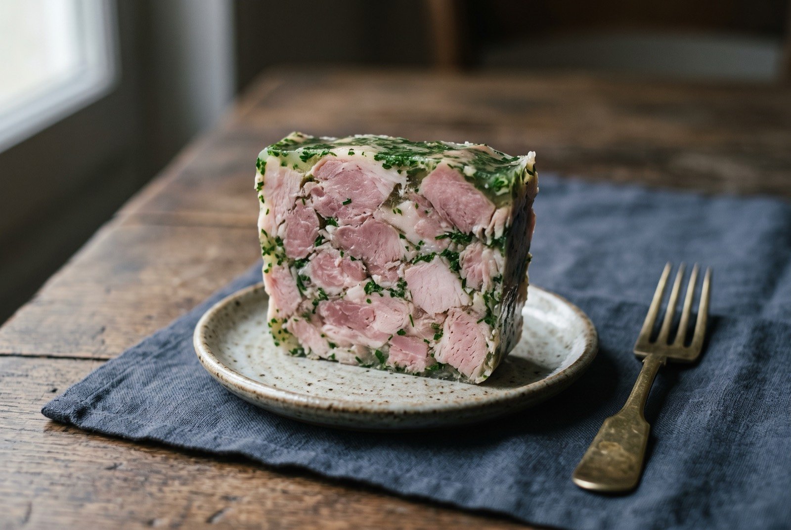 Jambon persillé, cold ham set in a parsley flecked white wine aspic: a terrine sliced into thick rounds, pale strands of hand torn ham suspended in a translucent, deep green flecked jelly, the layers distinct and glossy.
