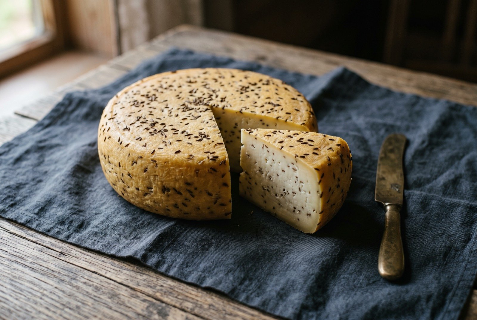 Jāņu siers, a caraway studded curd cheese made for Latvia's Midsummer festival: a round, flat golden yellow cheese wheel with dark caraway seeds visibly studded across its thin rind, one wedge cut and turned slightly outward to show the same seeds distributed through the pale interior.
