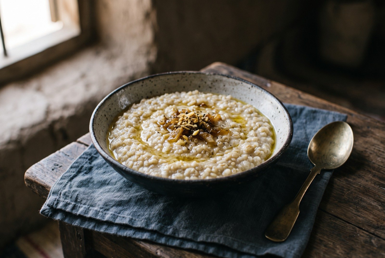 Jareesh, cracked wheat simmered soft with soured yoghurt: a wide bowl of pale, loosely textured cracked wheat porridge, distinct swollen grains visible rather than a smooth paste.