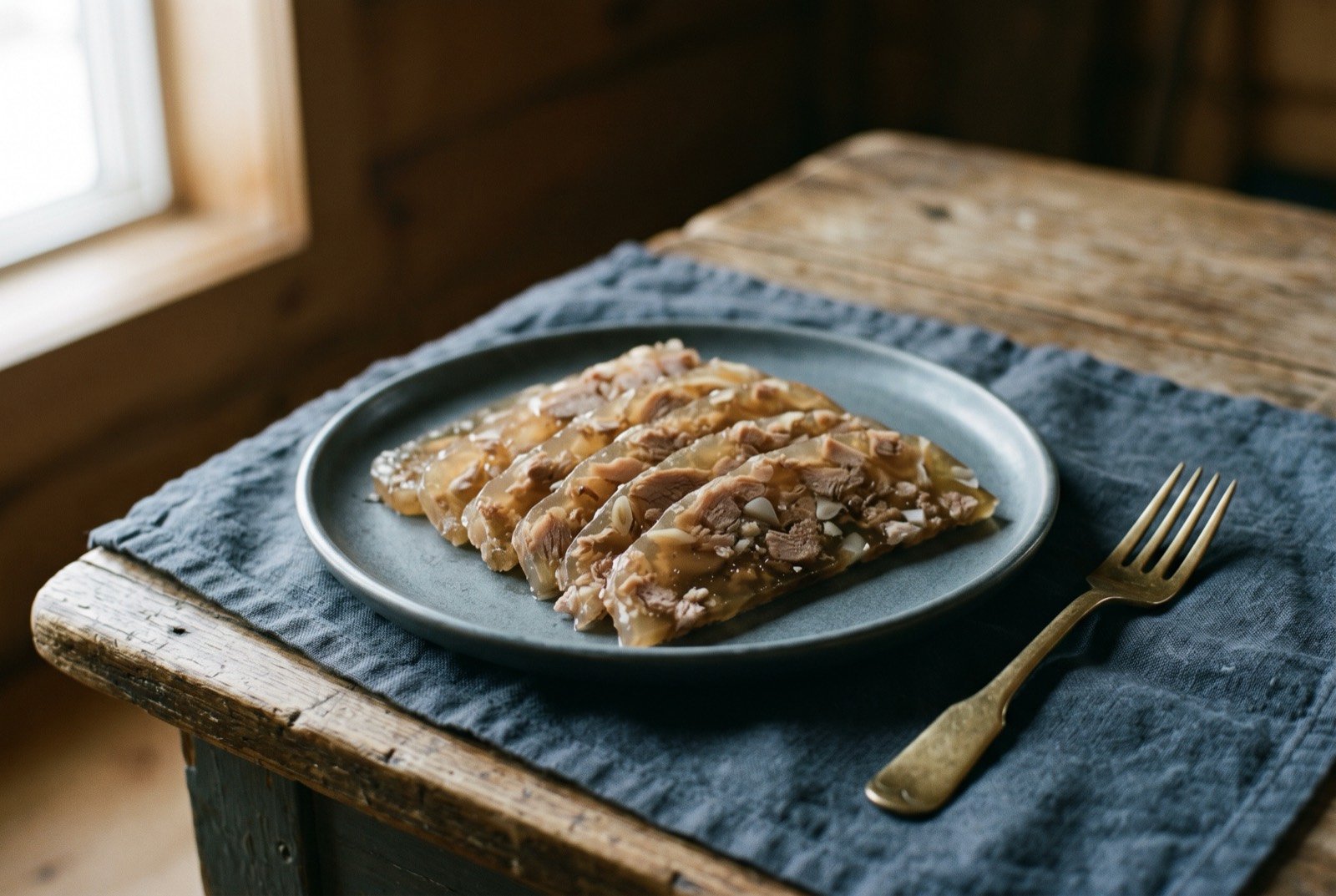 Jellied moose nose: thin translucent amber slices of jellied meat and broth, cut from a loaf and fanned on a plate, small flecks of pale meat and cartilage suspended visibly within the clear jelly.