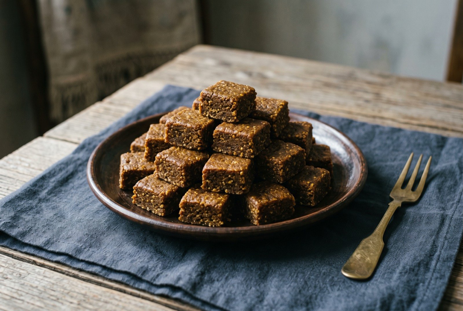 Jent, roasted grain and honey confection: small, dense, dark golden brown squares of a pressed grain confection stacked on a plate, a slightly matte, compact surface catching the light unevenly.