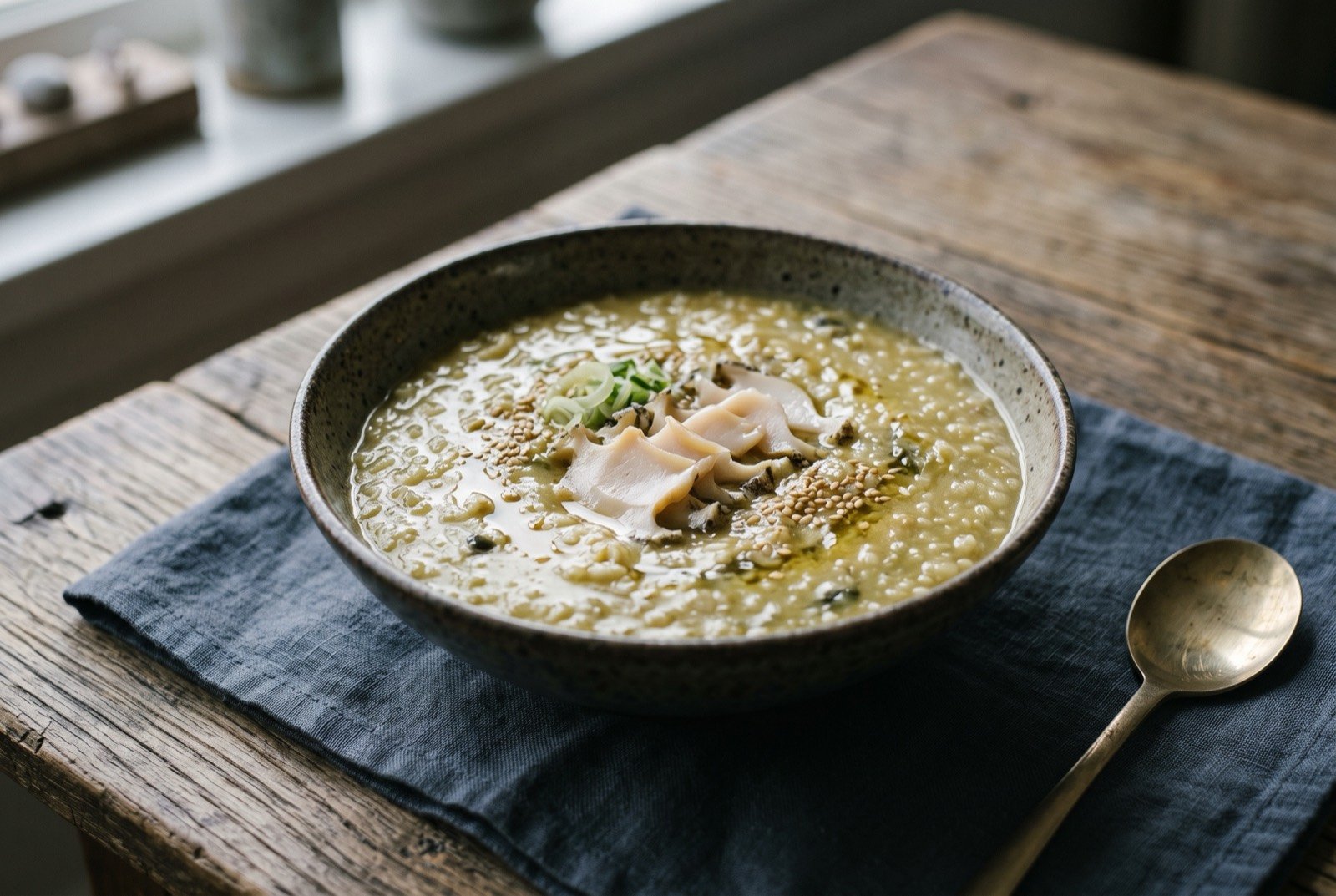 Jeonbokjuk, glutinous rice porridge with abalone and its own organs: a thick, glossy pale golden-green porridge in a shallow bowl, thin slices of pearlescent abalone flesh folded through the surface.
