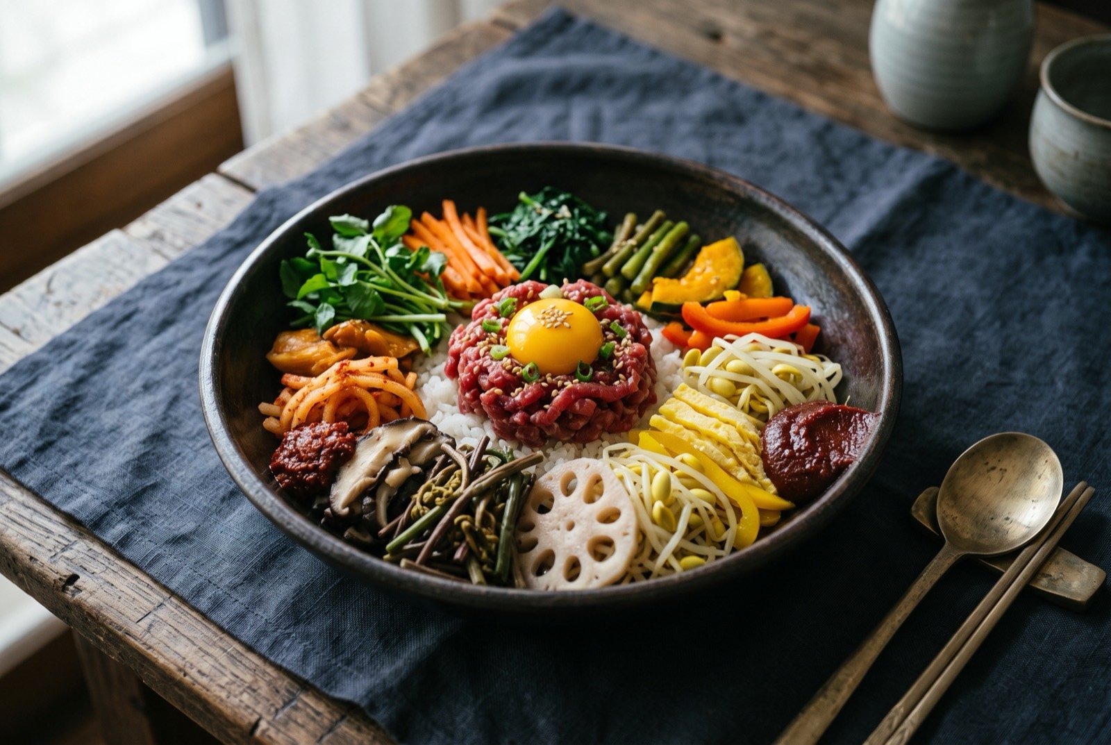 Jeonju bibimbap, thirty ingredients arranged by colour over rice with raw beef yukhoe: a wide dark bowl of white rice, topped with distinct mounds of vegetables in green, orange, pale yellow and deep red arranged around a small pile of dark red raw beef in the centre.