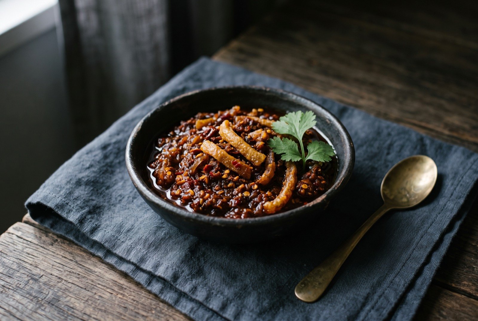 Jeow bong, Luang Prabang's sweet and savoury dried chilli relish with pork skin: a small dark bowl of thick, deep red-brown chilli relish, a faint sheen of oil on its surface, a few strands of shredded pork skin visible in the paste.