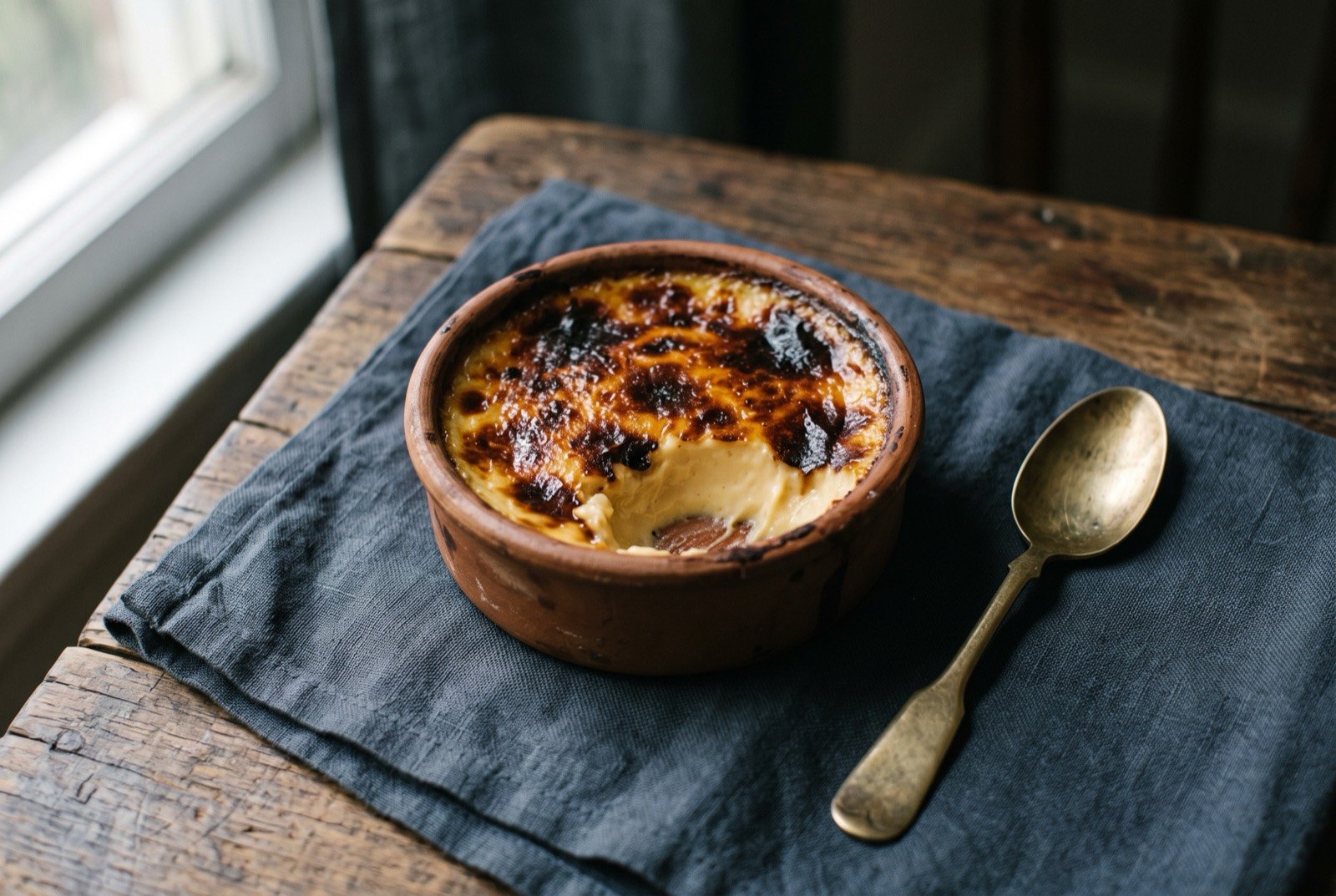 Jericalla, a baked custard with a scorched top: a small round earthenware ramekin of pale golden custard, its surface deeply browned and blistered almost black in patches from direct oven heat.