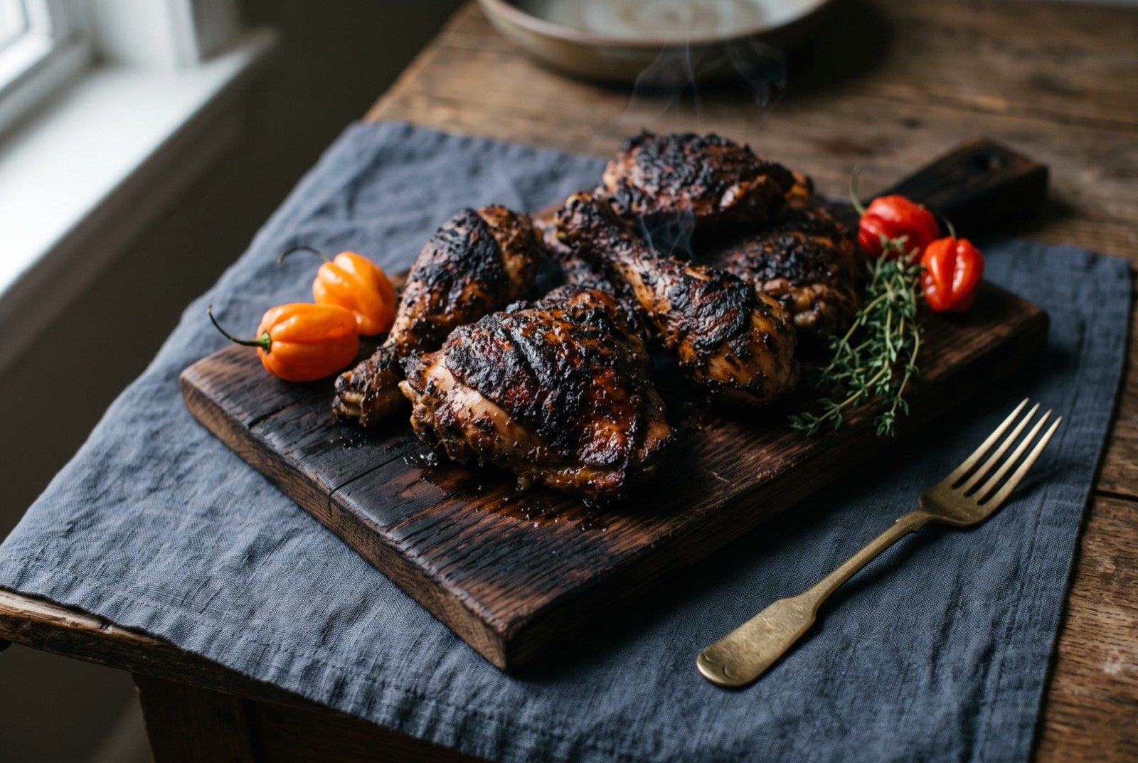 Jerk chicken, pimento smoked chicken with a dark charred crust: bone in chicken pieces with a deeply charred, near black and dark mahogany skin, glistening slightly, resting on a scorched wooden board.