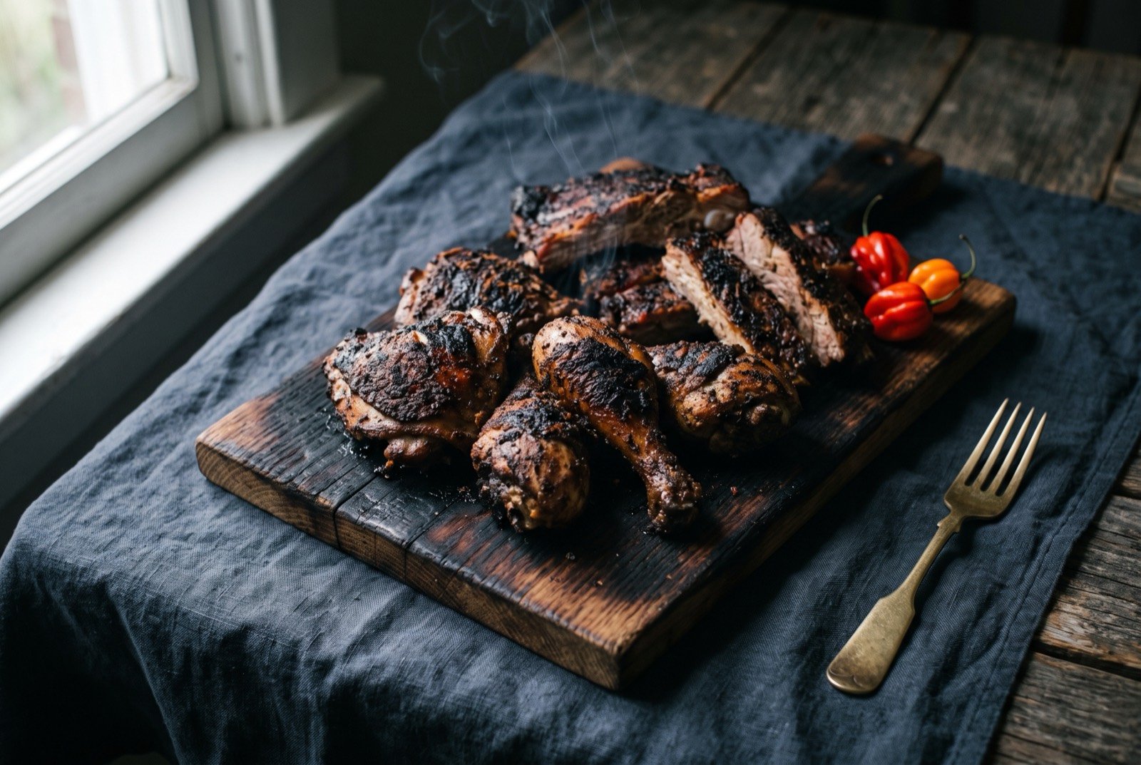 Jerk pork and chicken, pimento wood smoked meat: mixed pieces of pork and chicken with a deeply charred, near black and mahogany skin, resting on a scorched wooden board.