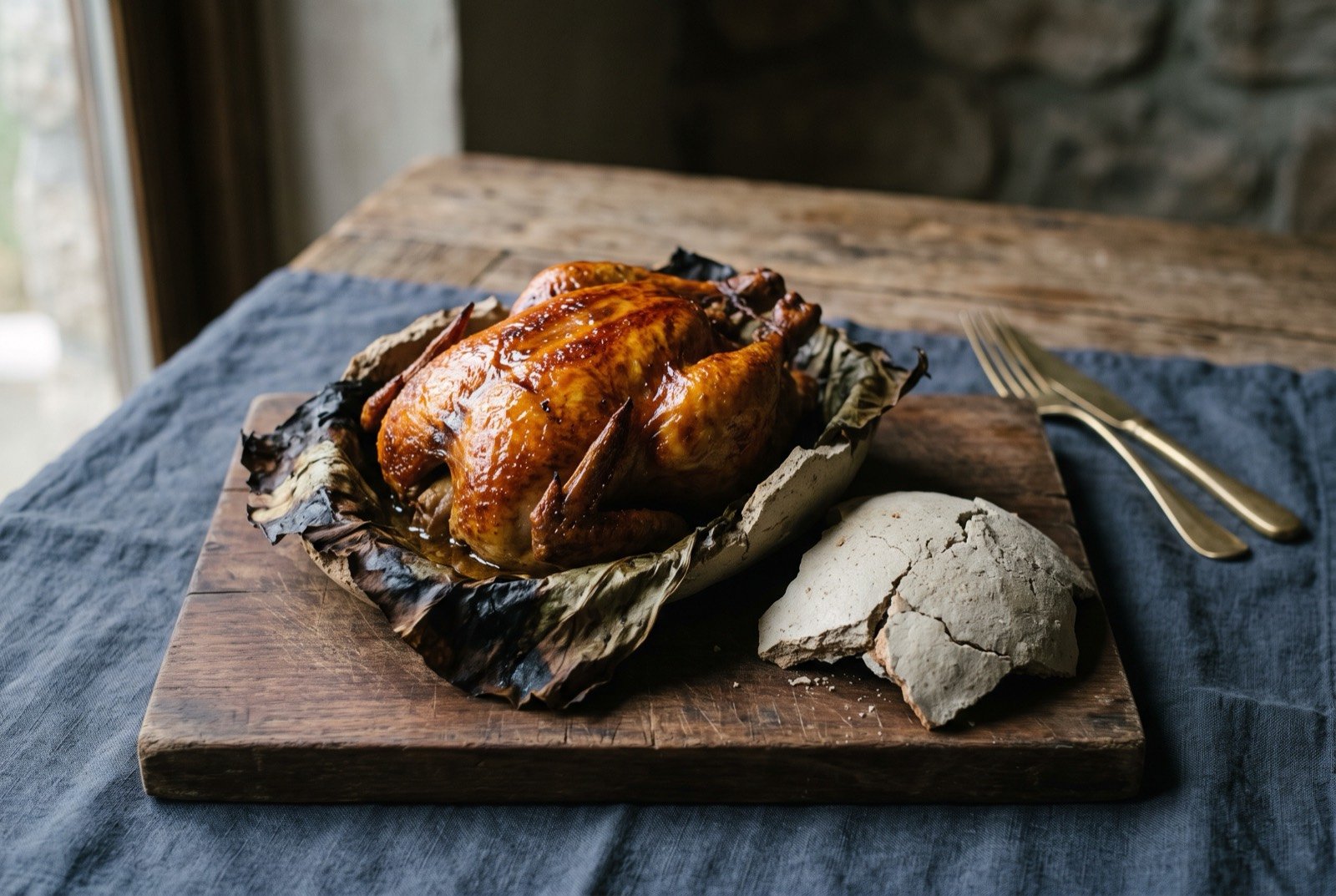 Jiaohuaji, beggar's chicken baked whole in a sealed clay shell: a whole roasted chicken resting on a dark wooden board, its skin deep golden brown and glistening, a cracked-open shard of hardened pale clay set beside it.