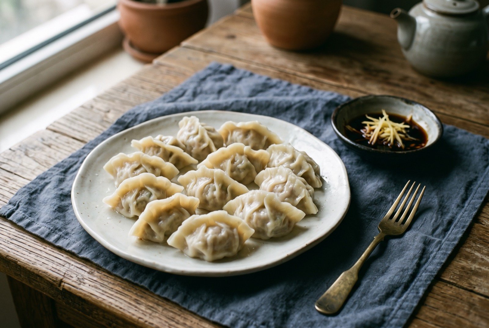 Jiaozi, pork and cabbage dumplings: a dozen plump, pale, hand-pleated boiled dumplings arranged in loose rows on a plate, their thin translucent skins showing the shadow of the pork and cabbage filling within.