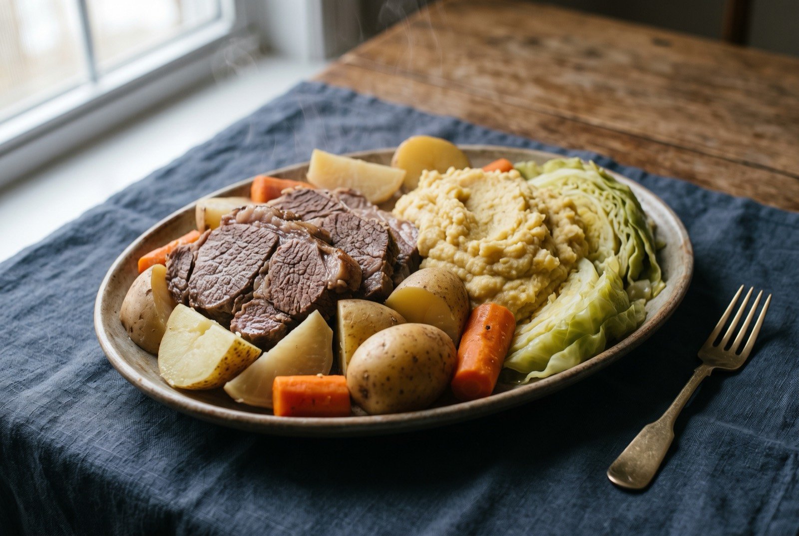 Jiggs dinner: a large oval platter of boiled salt beef sliced thick, surrounded by whole boiled potatoes, wedges of turnip and carrot and a mound of pale yellow mashed pease pudding.
