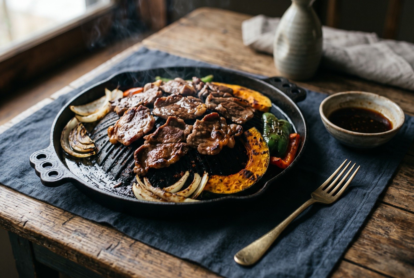 Jingisukan, Hokkaido's grilled lamb: thin slices of lamb and charred vegetables, onion, pumpkin and bell pepper, piled on a domed cast iron grill pan, the meat catching dark char at the edges.