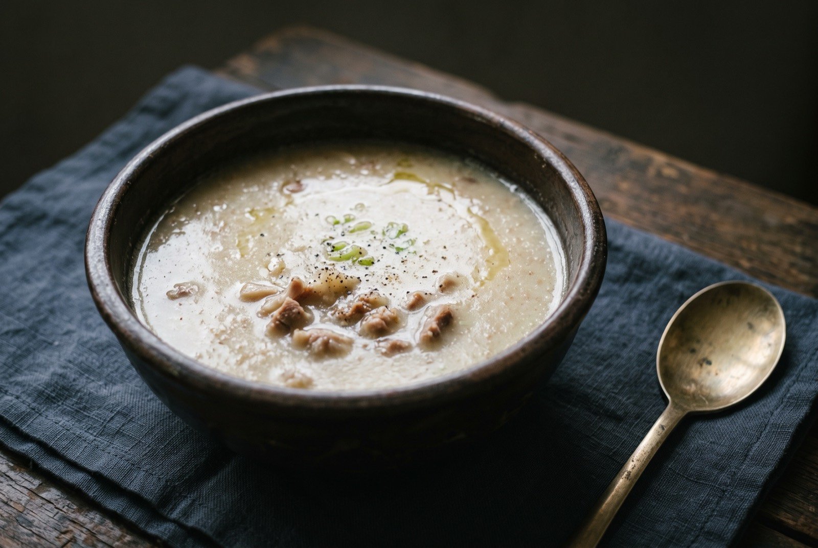 Jjeopjjakppyeguk, joint bone pork broth thickened with buckwheat, a bridal dish: a rustic bowl of pale, thickened milky broth with small pieces of tender pork and soft cartilage settled near the bottom.