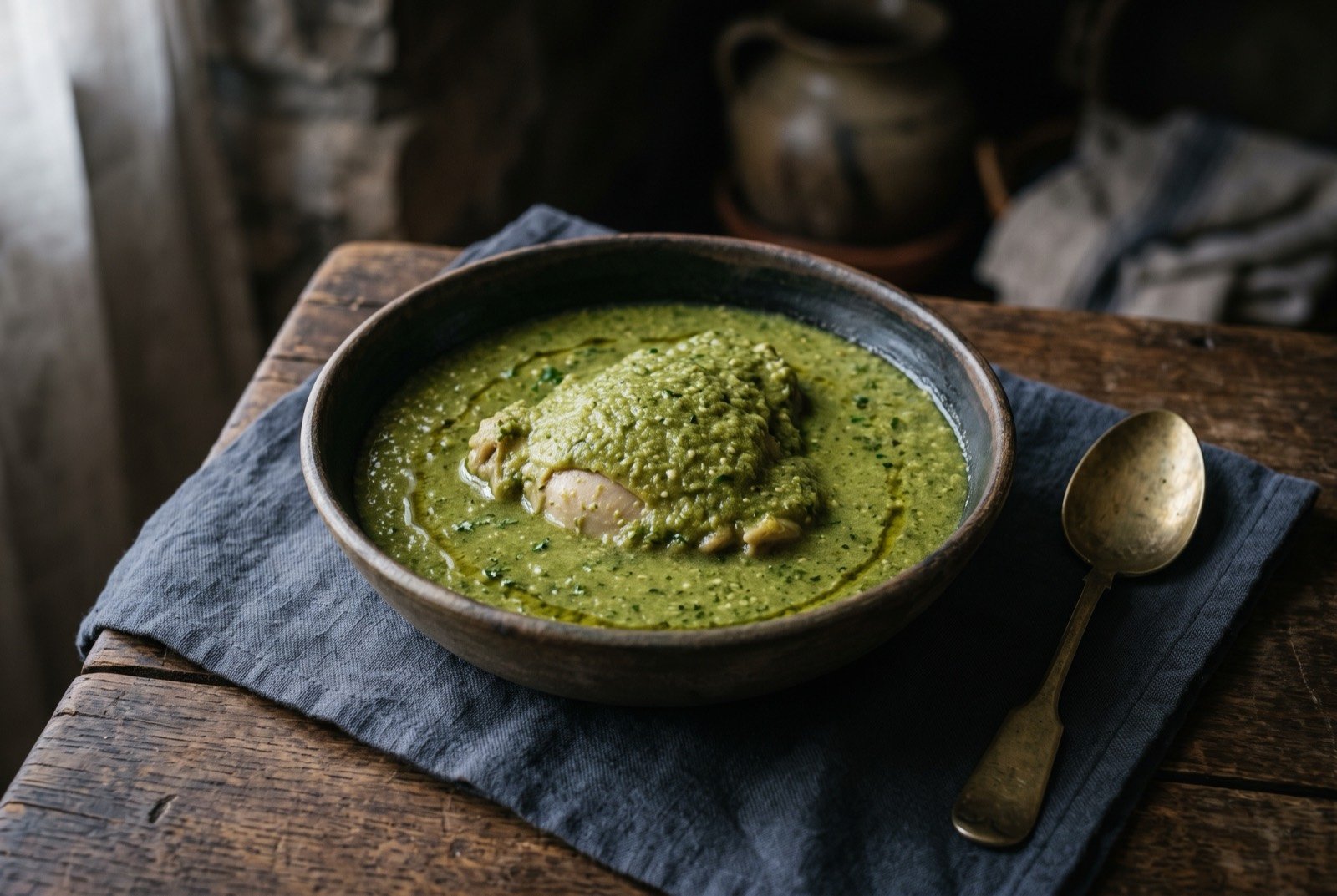 Jocón, a green tomatillo and herb chicken stew: a rustic bowl of vivid, matte green sauce with a finely ground, slightly textured surface, a pale piece of chicken thigh sitting just beneath the surface.