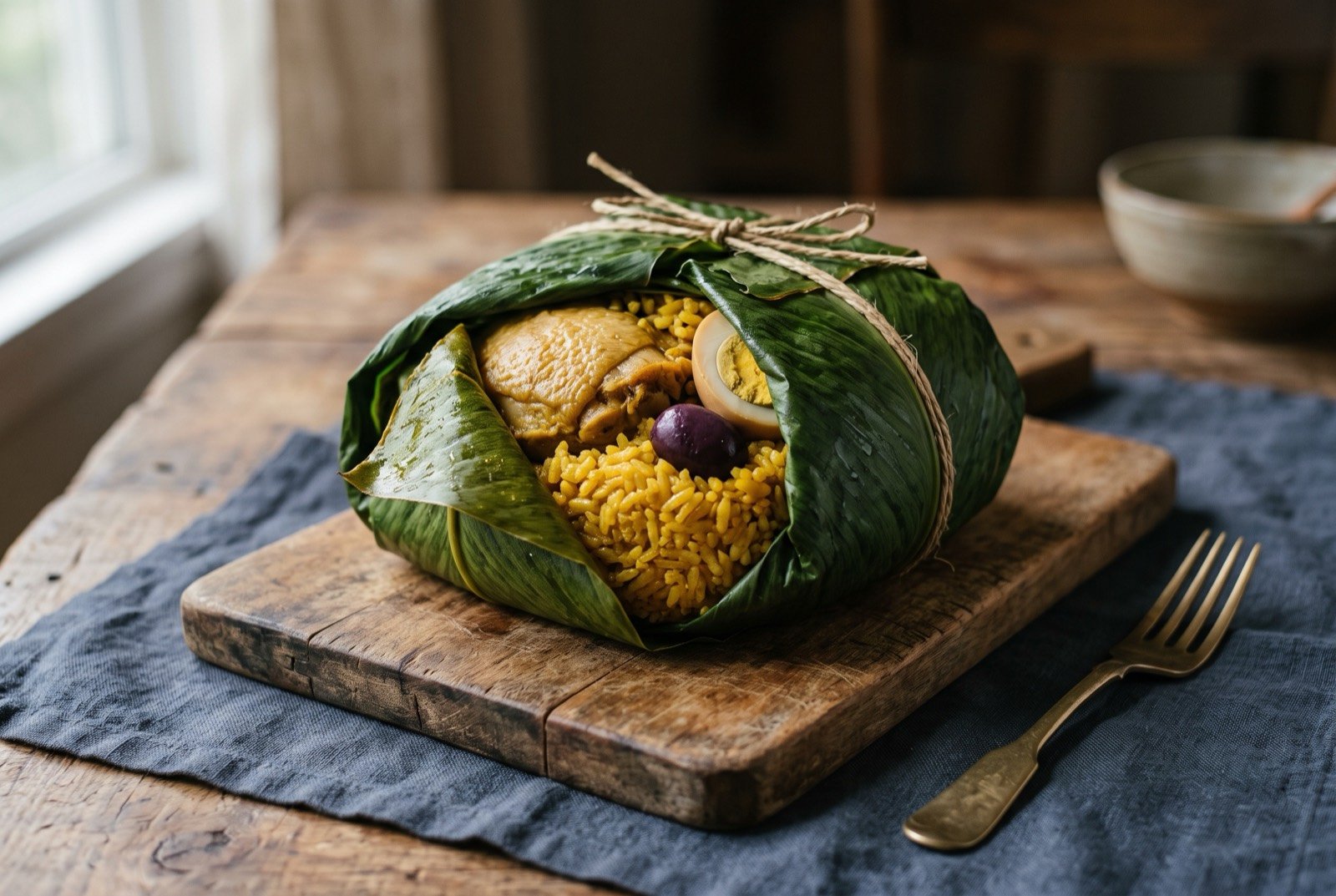 Juane, rice and chicken steamed in bijao leaf: a large rounded green parcel of bijao leaf, tightly tied with pale fibre, sitting whole on a wooden board, one corner of the leaf peeled back to reveal golden turmeric-yellow rice studded with a piece of chicken.