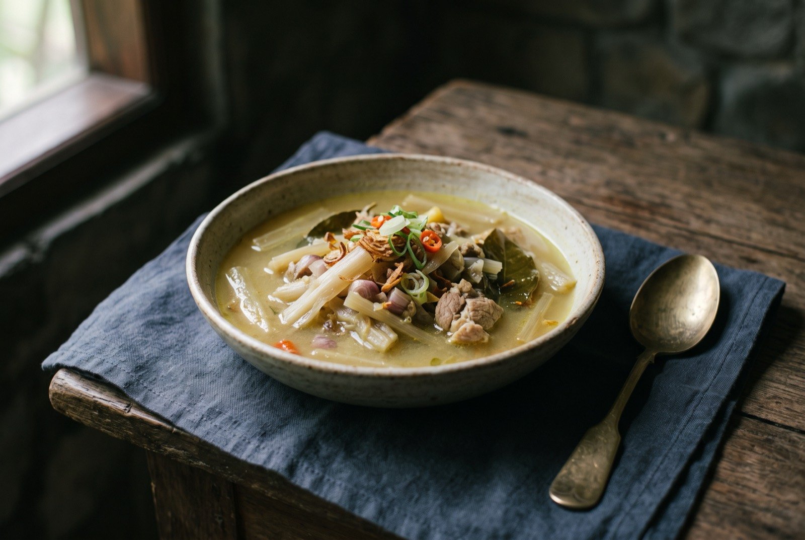 Jukut ares, banana stem soup: a shallow bowl of pale golden soup, translucent slivers of banana stem and small pieces of meat suspended in a light coconut broth.