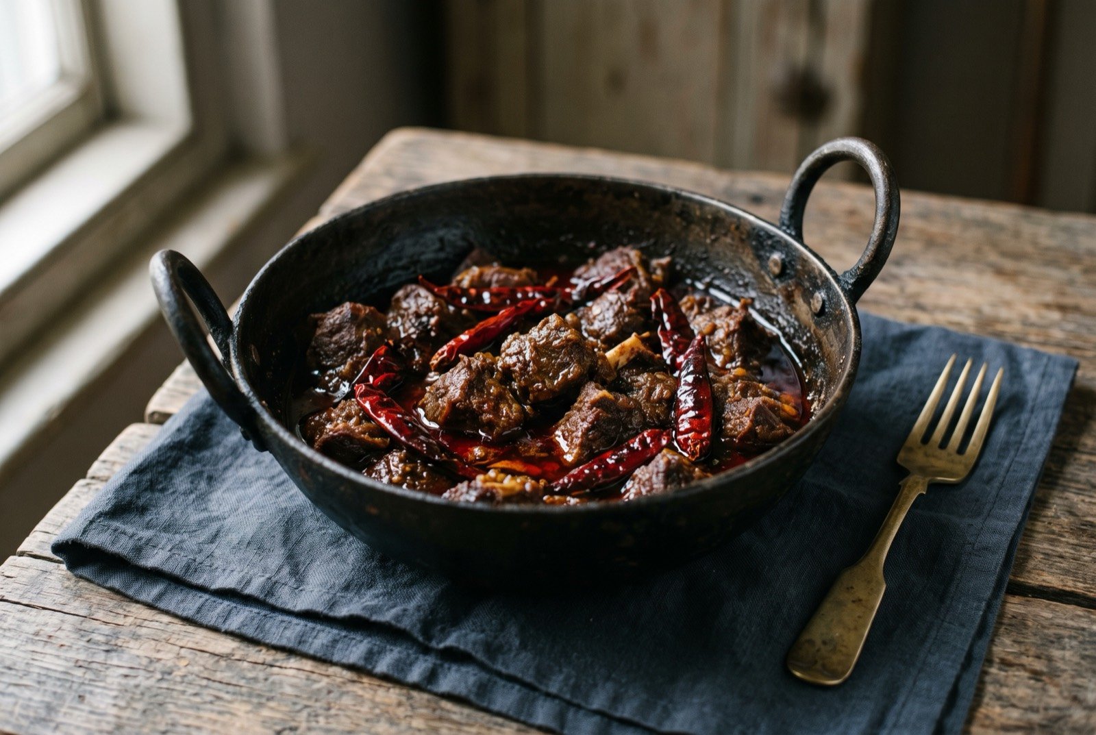 Jungli maas, a hunter's mutton cooked in nothing but ghee, salt and whole dried chilli: a dark heavy pot of mutton chunks in a scant, deeply reduced dark gravy studded with whole dried red chillies, the meat's own fat pooling glossy at the surface.