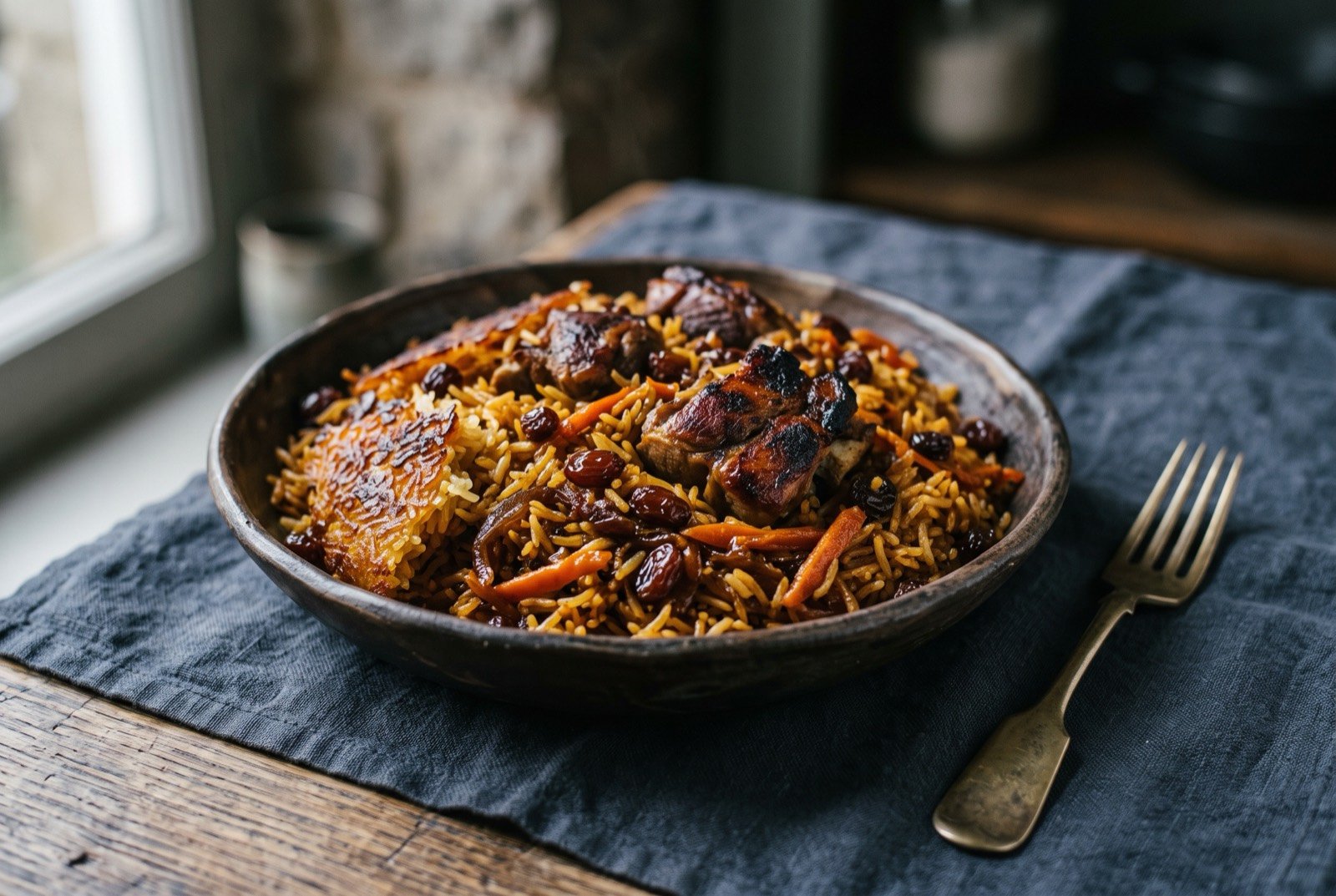 Kabli rice, Medina's Bukhari-community spiced pilaf: a deep amber pilaf of rice, dark caramelised onion, glistening plumped raisins and soft shreds of carrot, pieces of browned lamb pressed into the surface.