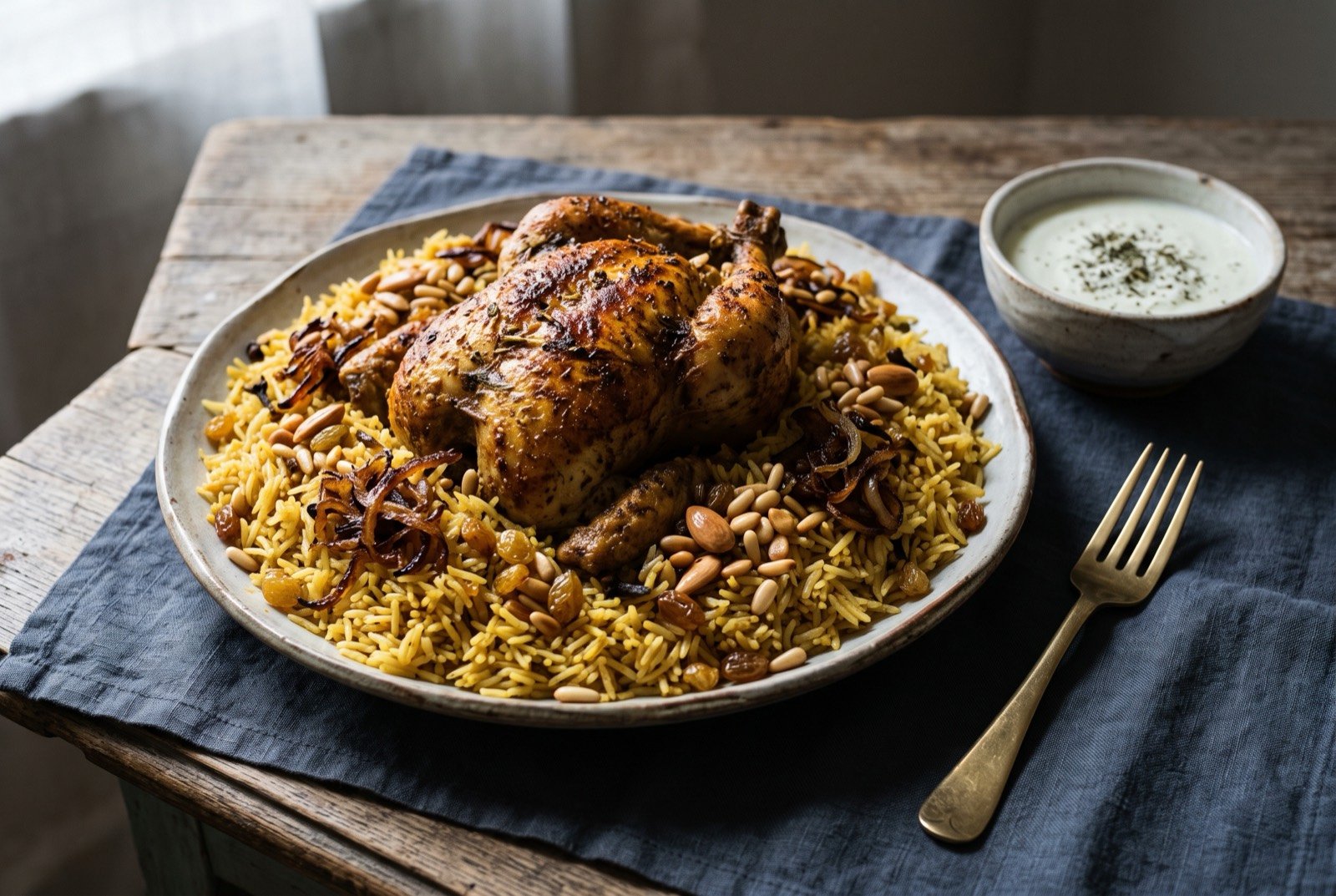 Kabsa, or machboos, spiced rice with roasted chicken: a wide shallow platter of golden saffron-flecked rice mounded high, a whole roasted chicken half-buried in the rice, scattered fried onion.