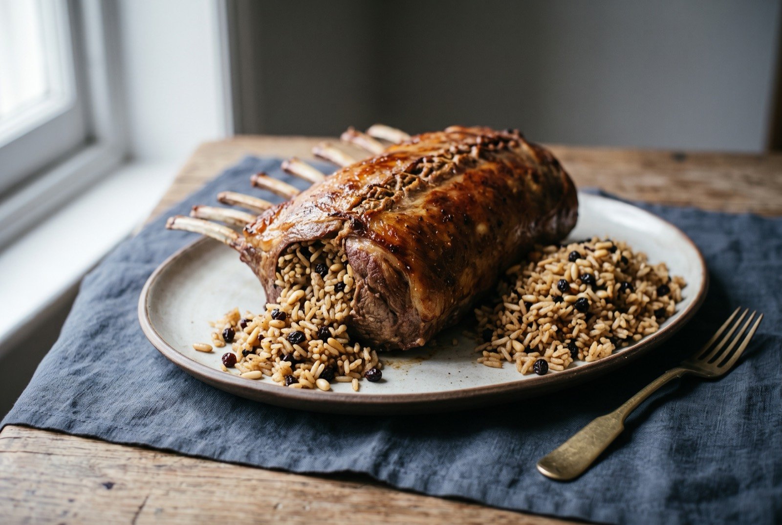 Kaburga dolması, a whole rack of lamb ribs stuffed with spiced rice pilaf: a whole rack of lamb ribs on a large platter, the skin browned and glistening, a visible seam where the stuffed pocket was packed.