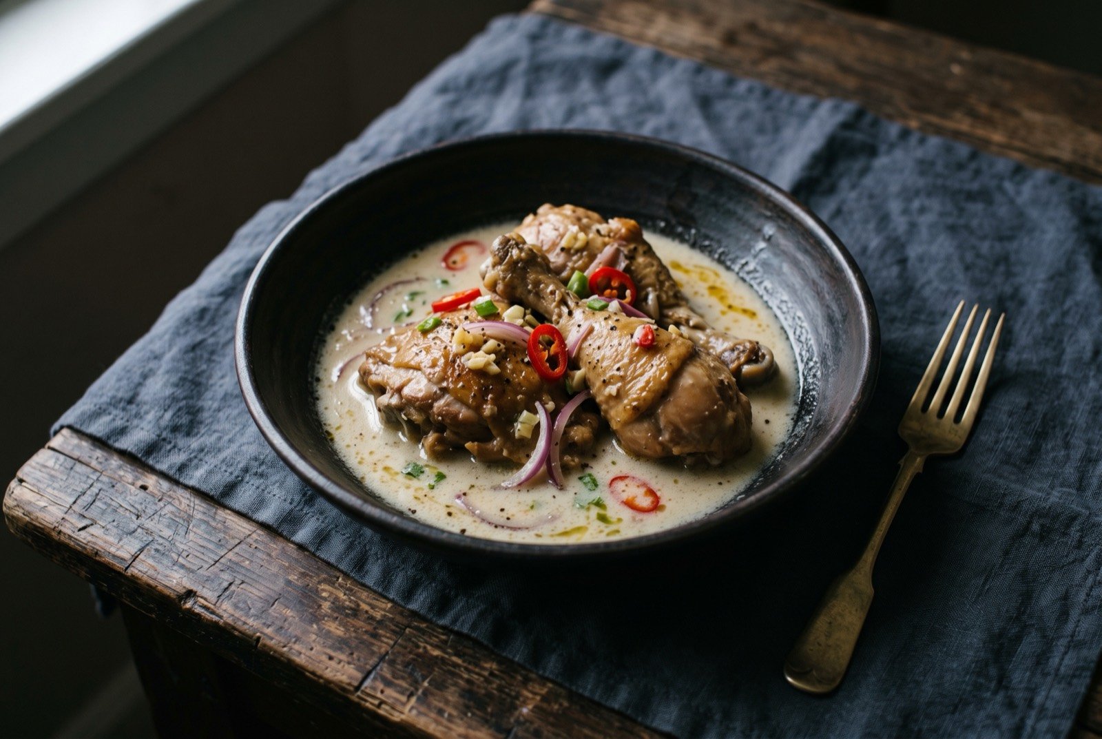 Kaddon pika, spicy chicken braised in coconut milk: bone in chicken pieces in a shallow pool of pale ivory coconut sauce in a wide dark bowl, a few thin slices of red chilli and onion visible on the surface.