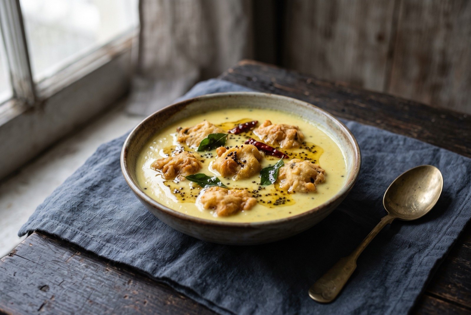 Kadhi, a tempered gram-flour and yoghurt gravy: a shallow bowl of pale yellow, smooth pourable gravy with a faint sheen of tempered ghee at the surface, a scatter of dark mustard seed and curry leaf visible.