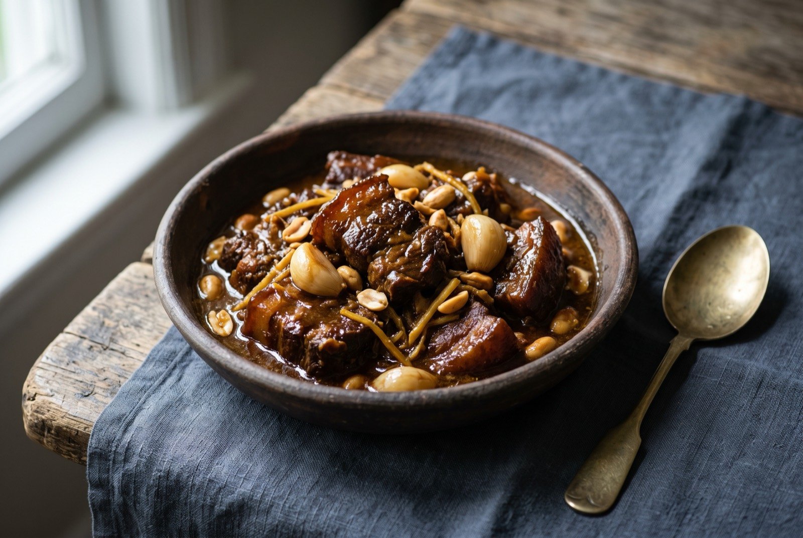 Kaeng hang le, a Burmese-ancestry pork belly curry adopted onto the Lanna banquet table, sour with tamarind and pickled garlic: thick pieces of dark, glossy braised pork belly in a reduced amber sauce, whole cloves of pickled garlic and roasted peanuts scattered through the dish.
