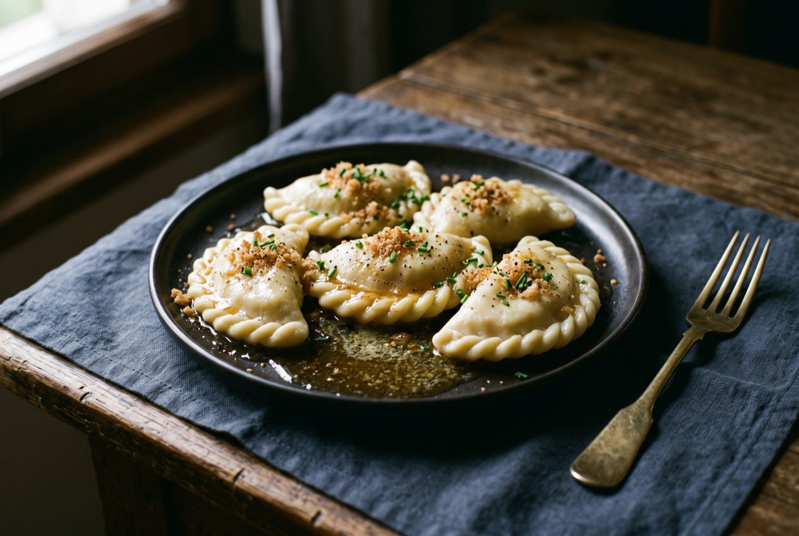 Kärntner Kasnudeln, curd cheese dumplings: plump half moon dumplings with a finely crimped, braided edge, arranged on a plate and glistening under a pool of golden brown butter.