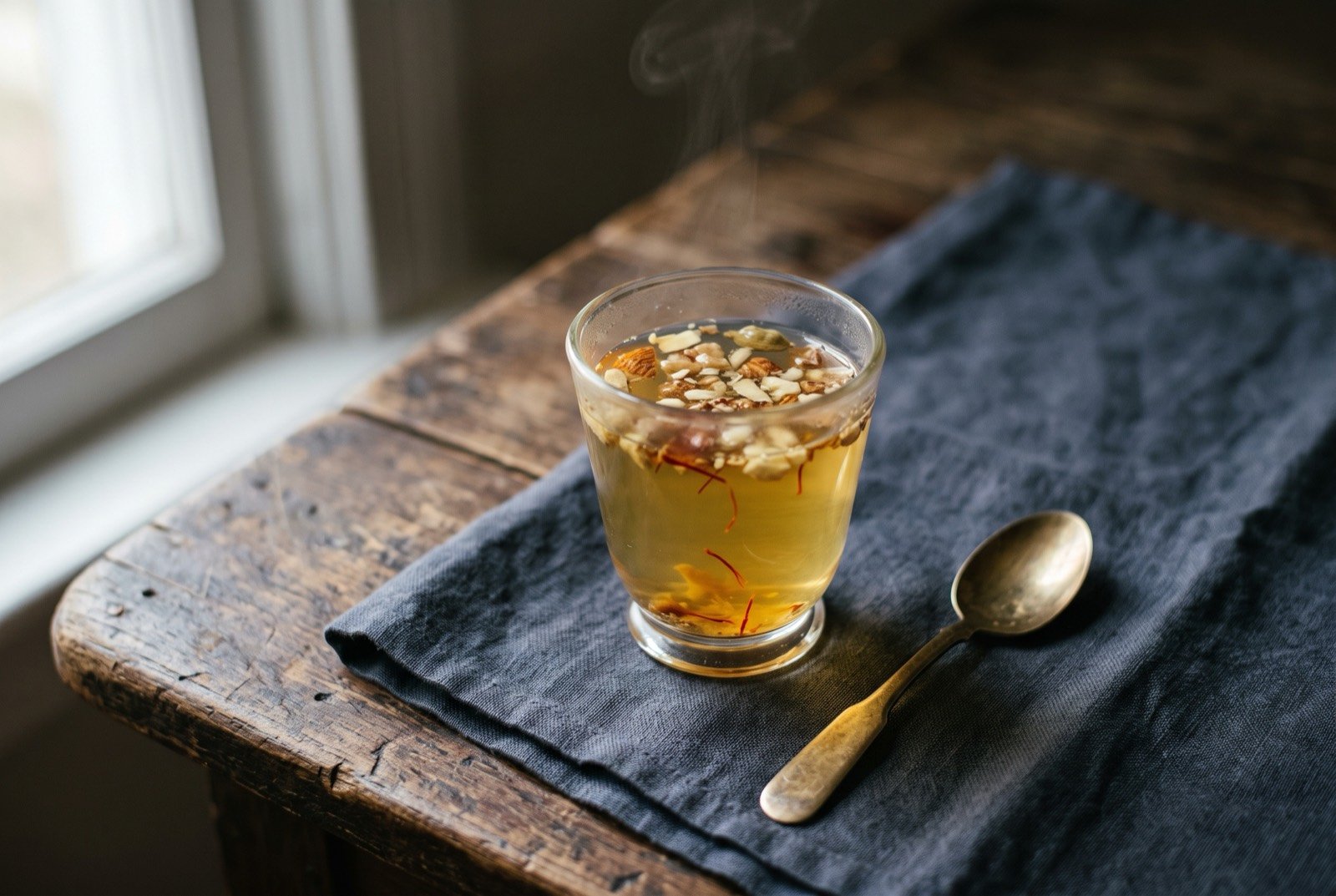 Kahwa, cardamom and saffron green tea: a small handle-less copper cup of pale golden tea, a few saffron threads and slivered almonds floating on the surface, steam rising.
